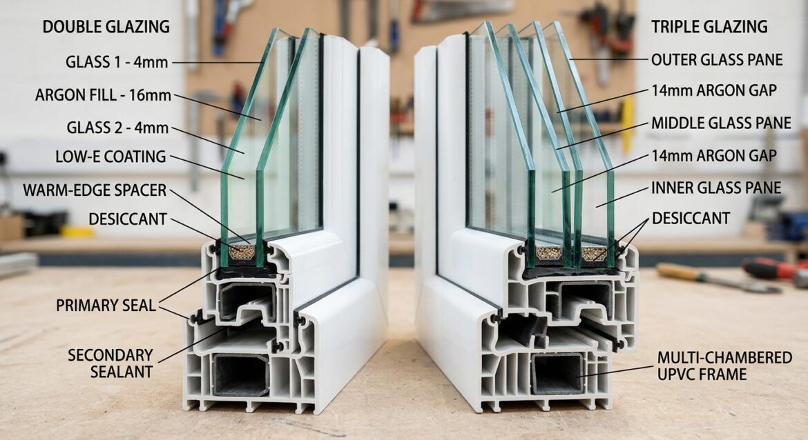 2-fach vs 3-fach Verglasung – Querschnitt zeigt den Unterschied im Aufbau
